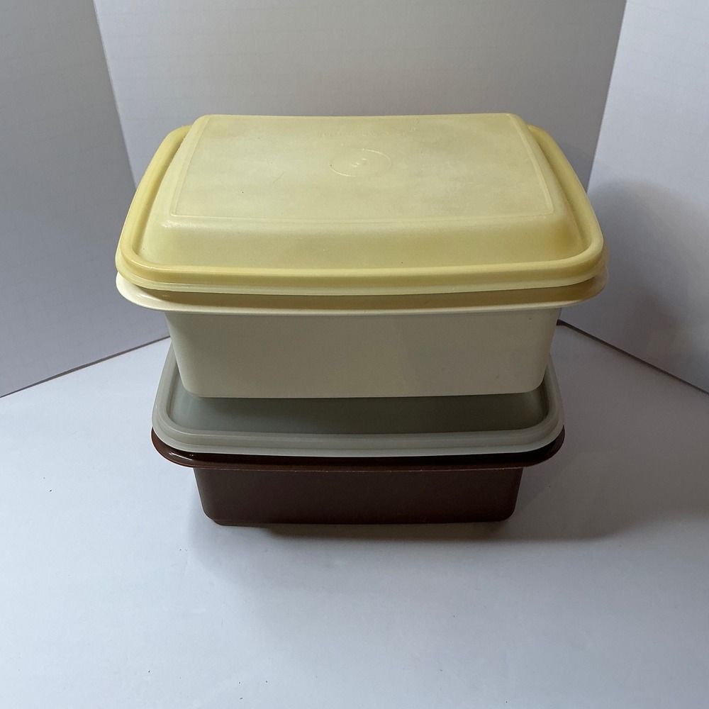 Vintage Tupperware Stackable‎ Square Food Storage Containers w/ Lids Brown Cream